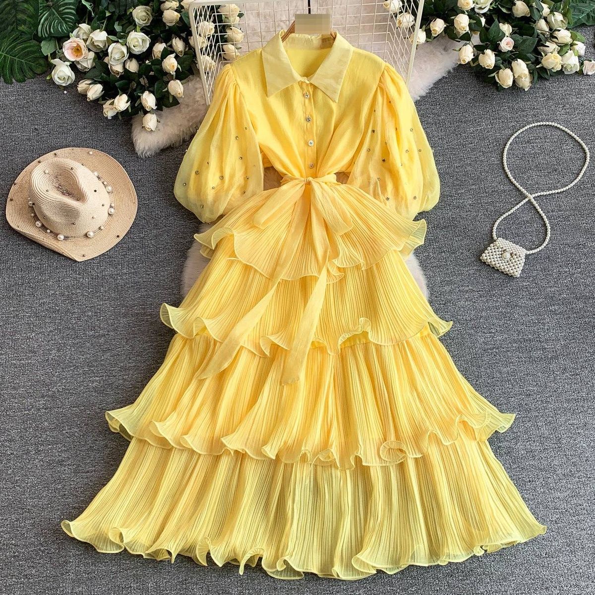 Women's European Style Light Luxury Design Rhinestone Lantern Sleeve Dress Heavy Duty Waist Cinching Slimming Puffy Ruffle Long Skirt_ecoleips.com