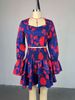 Women's Sweet Printed Square Collar Long Sleeve Shirt And Ruffled Skirt Two Piece Casual Knee-Length A-Line Skirt Set_ecoleips.com