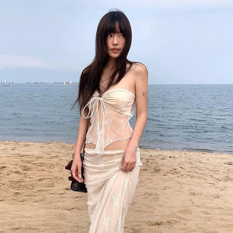 Unique Design Women's Lace Strapless Swimsuit Two Piece Long Dress for Island Vacations Hot Springs Sexy Photoshoots_ecoleips.com