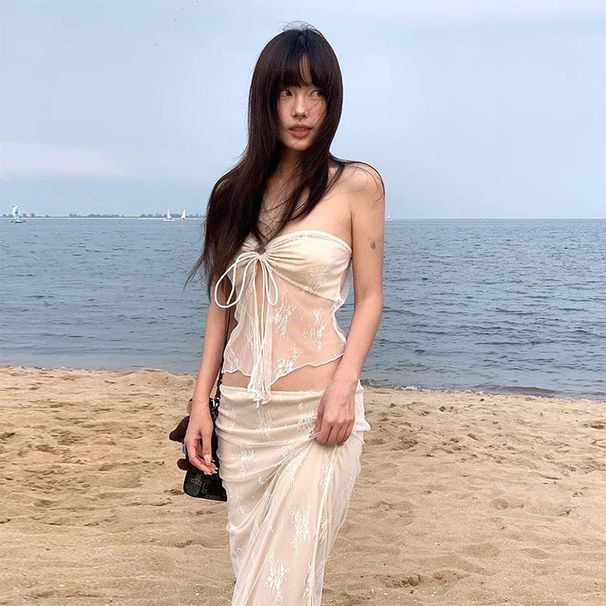 Unique Design Women's Lace Strapless Swimsuit Two Piece Long Dress for Island Vacations Hot Springs Sexy Photoshoots_ecoleips.com