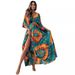 Women's Clothing Long Sleeve Sexy Deep V Multicolor Large Flower Print Slit Dress_ecoleips.com