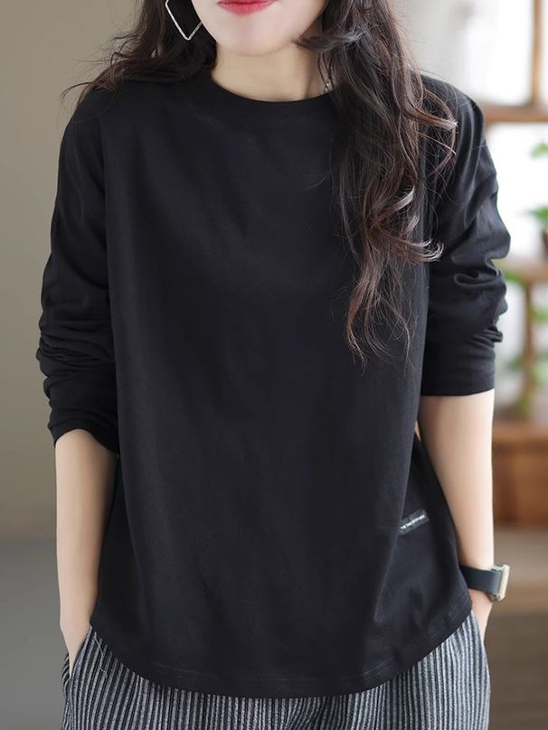 Retro, Solid-Color, Perforated Base Shirt For Women Perfect For Autumn/Winter 2026; Versatile Long-Sleeved, Loose-Fitt_ecoleips.com