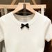 Women's White Bow Tie Short Sleeve T-Shirt Spring/Summer Fashionable Slimming Knitted Round Neck Sweater_ecoleips.com