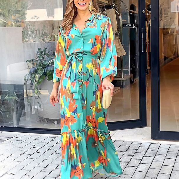 Foreign Trade Printed Elegant Lapel Single-breasted Long Dress, Autumn Winter Bestseller, New Cross-border_ecoleips.com