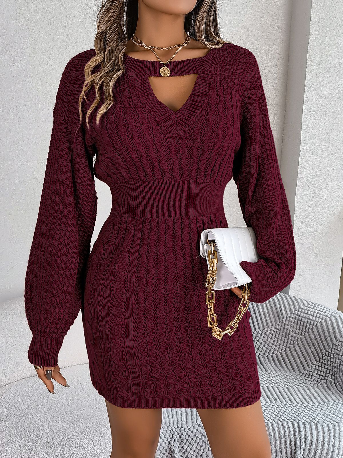 Real Shot 2025 Autumn Winter Solid Color Braided Hollow Lantern Sleeve Bodycon Sweater Dress Independent_ecoleips.com