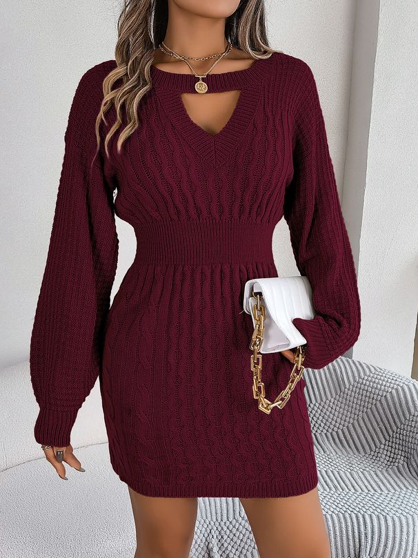 Real Shot 2025 Autumn Winter Solid Color Braided Hollow Lantern Sleeve Bodycon Sweater Dress Independent_ecoleips.com