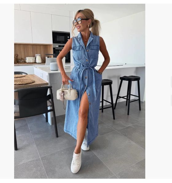 Women's Clothing New Sleeveless Long Lace Up Waist Single Breasted Denim Dress NZ88_ecoleips.com