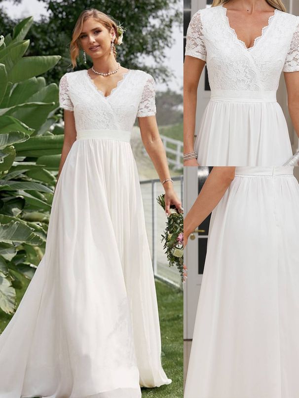 Women's Clothing Elegant Lace Trim Chiffon V-Neck A-Line Long Dress – Wedding Guest Dress, Evening Gown (White, S/M/L/XL)_ecoleips.com