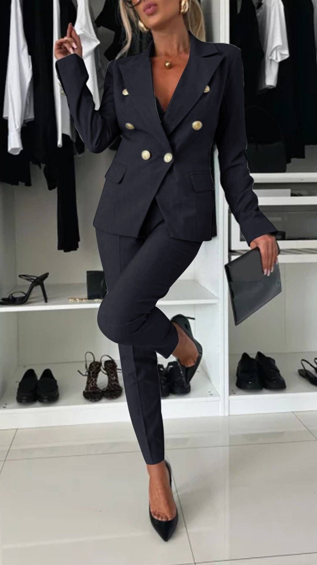 Women's Professional Double-Breasted Suit Pant Set Elegant Capable Capri Trousers Spring/Autumn Regular Thickness_ecoleips.com