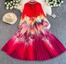 Elegant A-Line Skirt Dress For Women With Pearl Button Round Neck Waist Cinching Gradient Print Pleated Detail Casual Spring/Autumn Wear_ecoleips.com
