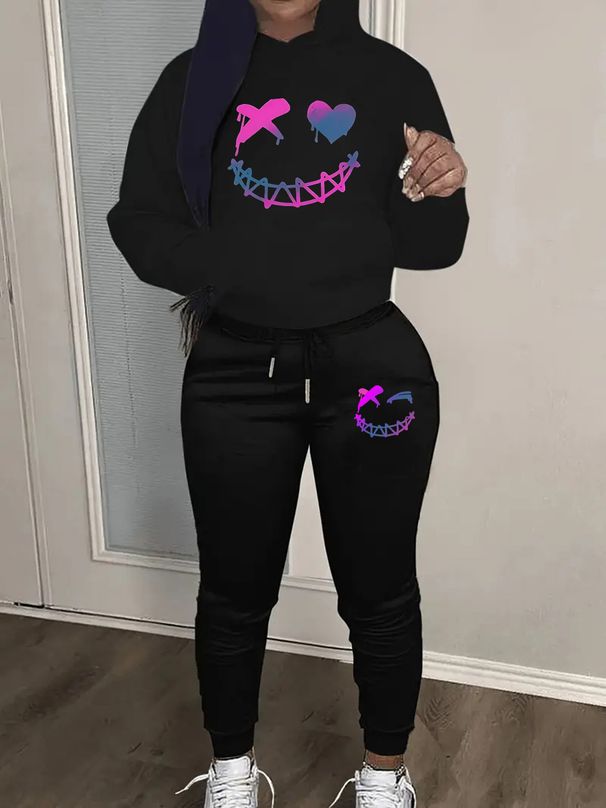 Women's Autumn And Winter Casual Fashion Smiling Face Pattern Printed Thick Velvet Warm Hooded Sweatshirt+sweatpants Set-686_ecoleips.com
