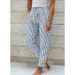 Women's Clothing Fashion Striped Cotton Linen Pants For Women With Elastic Waist Decorative Buckle Hem For Formal & Casual_ecoleips.com