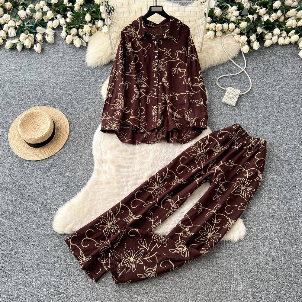 Elegant Leaf Embroidery Cardigan & Wide-Leg Pants Two-Piece Set For Women | Autumn Office Wear Slimming Versatile Outfit_ecoleips.com