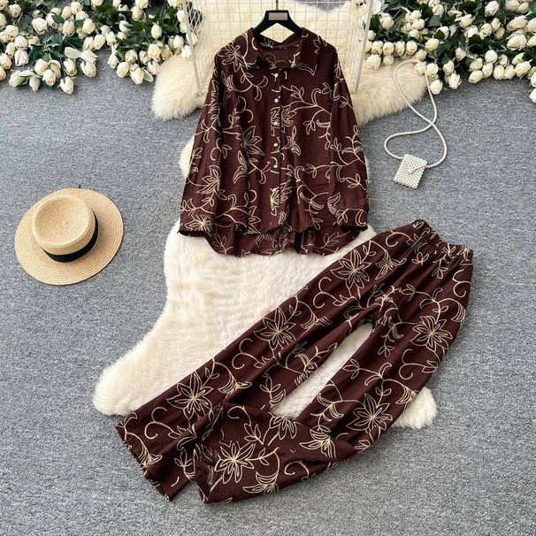 Elegant Leaf Embroidery Cardigan & Wide-Leg Pants Two-Piece Set For Women | Autumn Office Wear Slimming Versatile Outfit_ecoleips.com