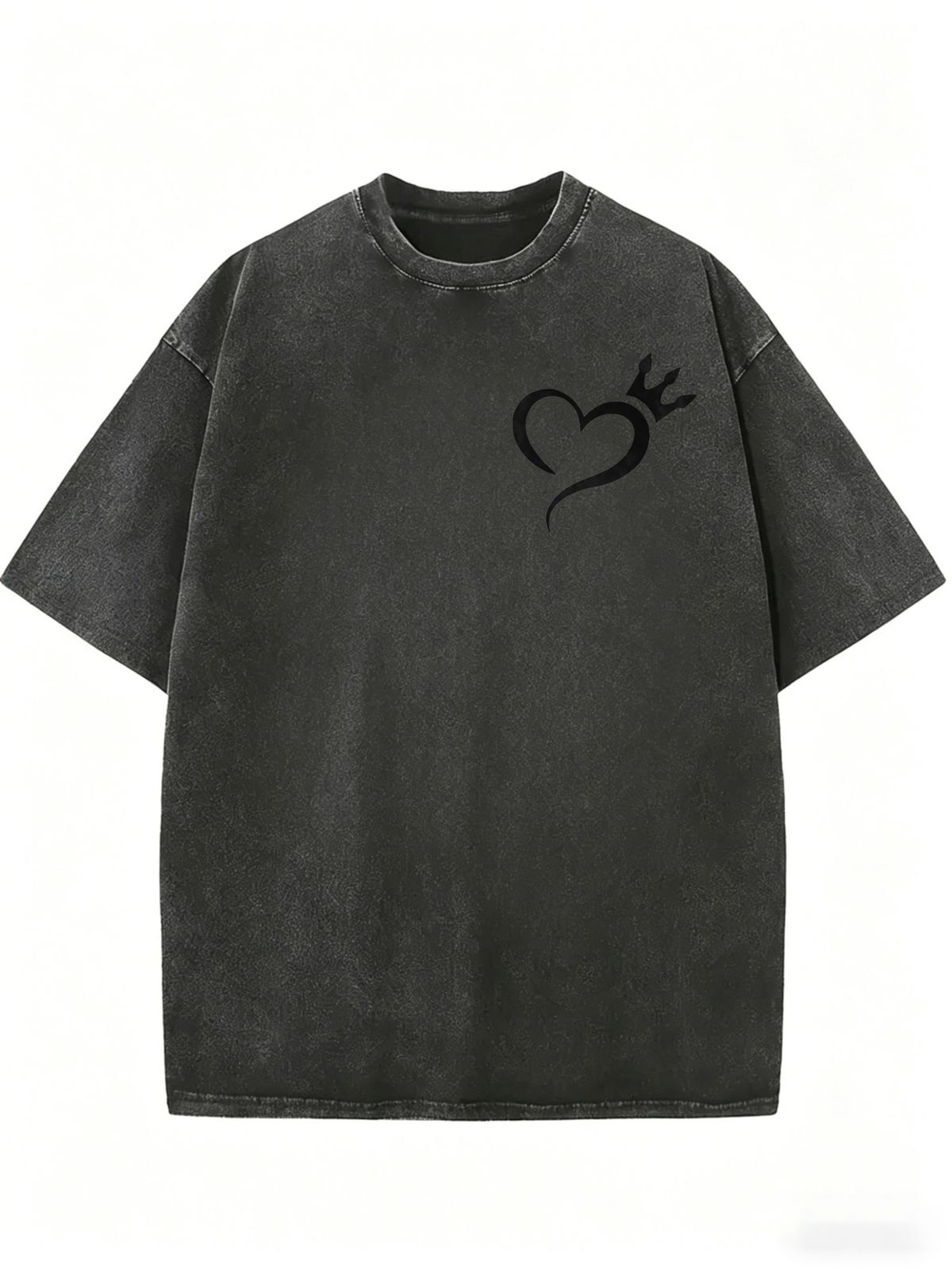 Vintage Acid Washed Black Oversized T Shirt Women Minimal Heart Crown Small Chest Print Loose Short Sleeve Casual Basic Streetwear Top_ecoleips.com
