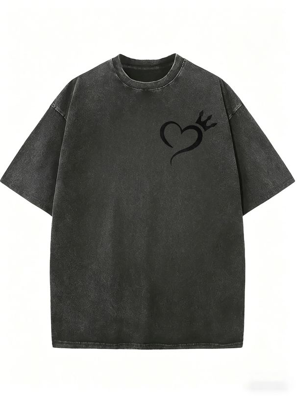 Vintage Acid Washed Black Oversized T Shirt Women Minimal Heart Crown Small Chest Print Loose Short Sleeve Casual Basic Streetwear Top_ecoleips.com