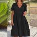 Summer Women's V Neck Casual Dress Sweet Fresh Style Solid Color Large Swing Skirt Dress New Fashion_ecoleips.com