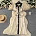 Retro Chic Fashion Polo Collar Dress For Women Short Sleeved Knitted With Metal Buckle Fitted Waist Long Skirt_ecoleips.com