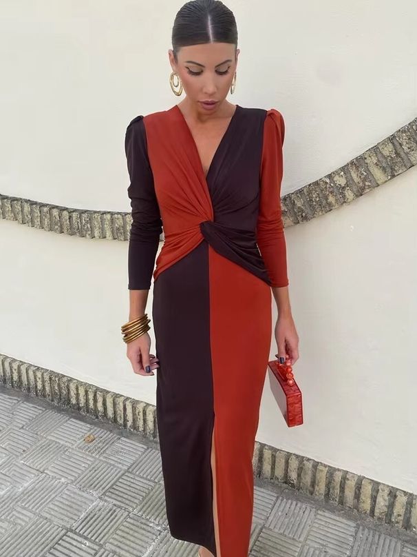 JULISSA MO Patchwork Long Sleeve Slit Women Maxi Dress Green Deep V-neck Ruched Autumn Winter Skinny Elegant Party Evening Dress_ecoleips.com
