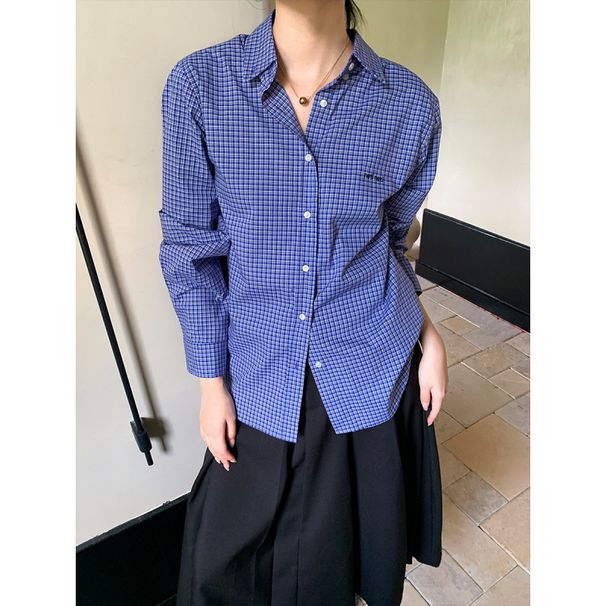 Blue Checkered Shirt Jacket For Women, Autumn Design With A Chic And Casual Vibe, Featuring A Relaxed Long-Sleeved Top._ecoleips.com