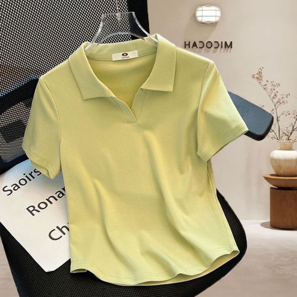 Women's Clothing New White Straight Shoulder Polo Collar Short Sleeved T Shirt For Women Slim And Versatile Blank Version T Shirt Top_ecoleips.com
