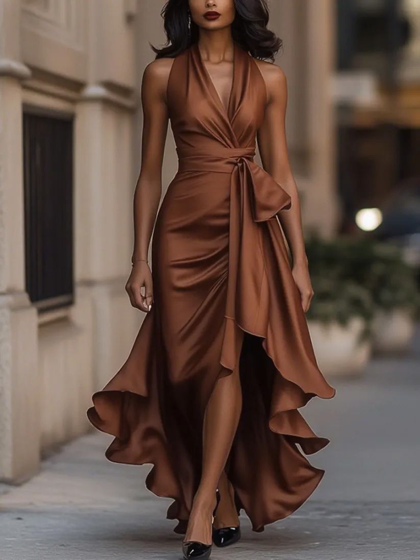 Elegant V-Neck Asymmetrical Dress With Flounce Hem – Breathable Stretch Polyester Midi Dress (XS-XXXL, 8 Colors)_ecoleips.com