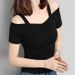 Women's Black Off-Shoulder T-Shirt Korean Style Summer 2026 Short Sleeve Sexy Trendy Top_ecoleips.com