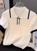Women's Polo Collar Color Blocked Knit Short Sleeve T-Shirt Petite Thin Ice Silk Off Shoulder Top Summer_ecoleips.com