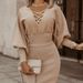 Women's Knitted One Piece Dress Ruffled Puff Sleeve Commuter Style Dress_ecoleips.com