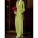 Women's Clothing Women's Lazy Relaxed Two Piece Suit Green Imitation Linen High End Style Wide Leg Pants Shirt Summer_ecoleips.com