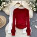 Women's Clothing long sleeved round neck T shirt for women in autumn with three dimensional flowers, pleated slim fit design, bottoming shirt top_ecoleips.com