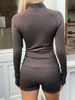 Y2K Yoga Set – Long Sleeve Cropped Jacket & High-Waisted Shorts (S-XL, Chocolate Brown) – Seamless Stretch For Gym & Streetwear_ecoleips.com