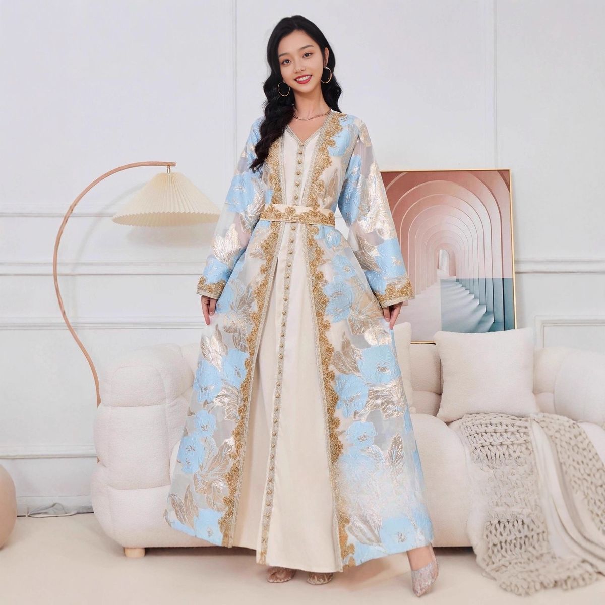Women's Clothing Modest Abaya Dress Plus Size Embroidered Abaya Dress Set – Luxe Acetate Modest Outfit With 3D Floral (Long Sleeve & Cardigan)_ecoleips.com