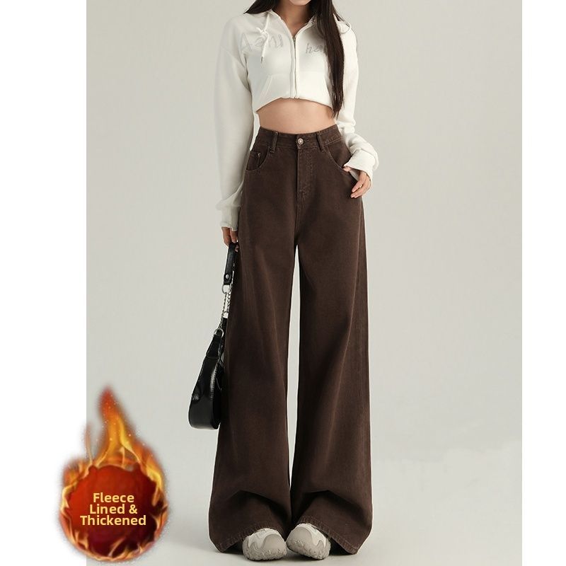 Maillard Style Fleece-Lined Straight Leg Jeans For Women – High Waist Loose Fit Winter Pants (S-2xl, Cotton Blend)_ecoleips.com