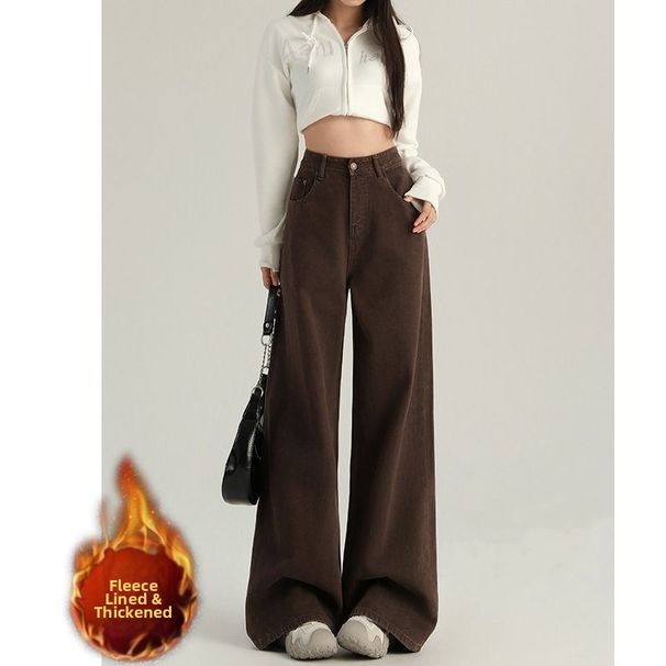 Maillard Style Fleece-Lined Straight Leg Jeans For Women – High Waist Loose Fit Winter Pants (S-2xl, Cotton Blend)_ecoleips.com