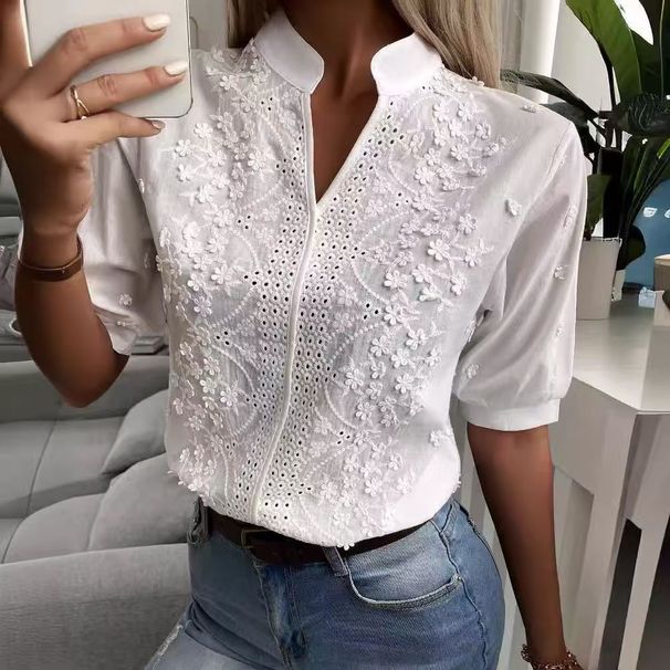 Women's Clothing Summer Women's V Neck Stand Collar Embroidered Lace Top Shirt Clothing For Formal & Casual For Women_ecoleips.com