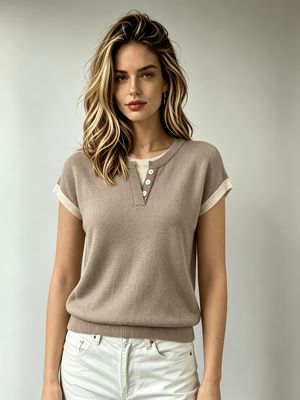 2026 Spring/Summer Relaxed Style Layered Knit Top With Contrasting Colors And Stylish Cuffs - Elegant, Trendy, And Versatile European And American Style_ecoleips.com
