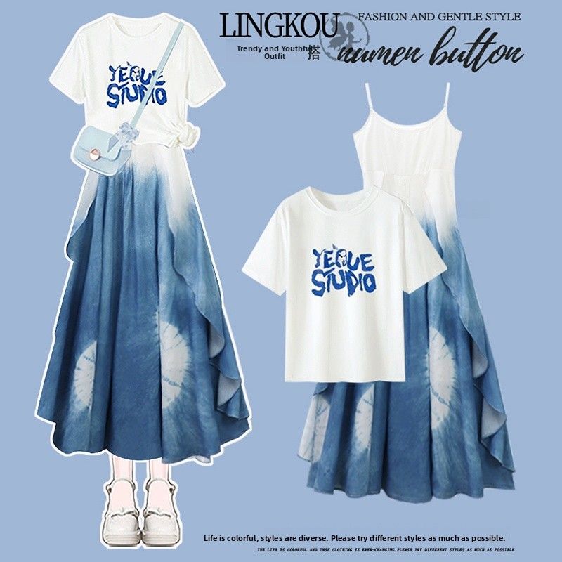 Summer Trendy Outfit Women's Slimming Blue Dyed Ort Sve T-irt And Dr Set Casual Loose Waist Medium Soft Fabric_ecoleips.com