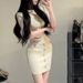 Women's Clothing New Sexy V Neck Short Sleeved Knitted Skirt Summer Waist Slimming Hip Skirt Single Breasted Dress_ecoleips.com