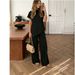 Women's European American Style Two Piece Set Short Sleeved Stand Collar Shirt & Solid Color Wide Leg Trousers Loose Waist Summer Outfit_ecoleips.com