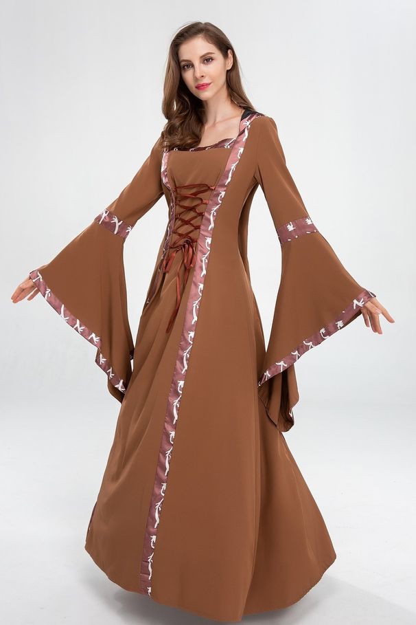 Voya Foreign Trade European American Medieval Retro Hooded Dress With Square Collar, Tie, Bell Sleeves, And Large Hem Skirt_ecoleips.com