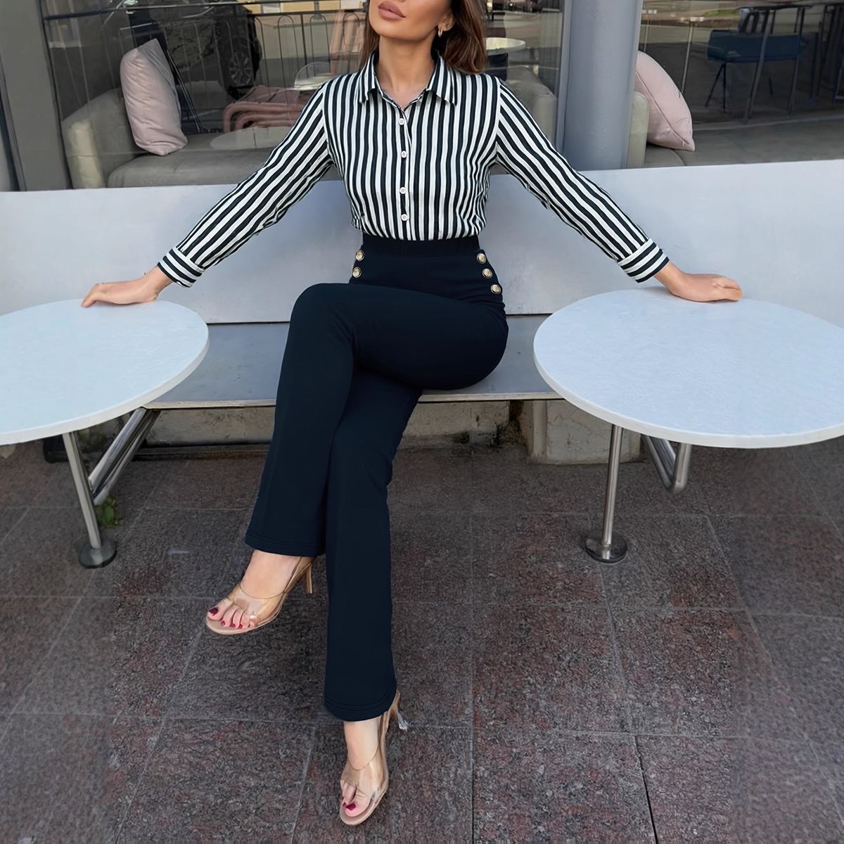 Women's Long Sleeved Shirt And High Waisted Slimming Trousers Two Piece Set - Fall Bestseller Casual Comfortable Amazon Fashion_ecoleips.com
