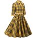 Autumn/Winter Grid-Print High-Collared Green Dress With Seven-Quarter Sleeves, Ribbon-Strapped And Butterfly-Button Deta_ecoleips.com