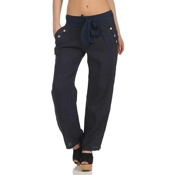Women's Linen Cotton Blend Trousers Solid Color Casual Pants With Adjustable Waist Belt Comfort Fit Relaxed Wide Leg_ecoleips.com