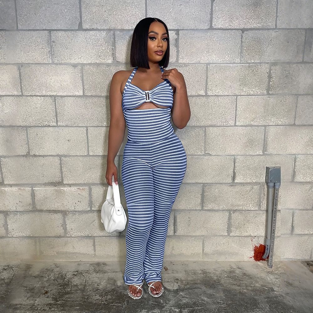 Women's European American Style Lace-Up Cropped Top Slim Fit Pencil Pants Two-Piece Set Jacquard Stripe Pattern_ecoleips.com