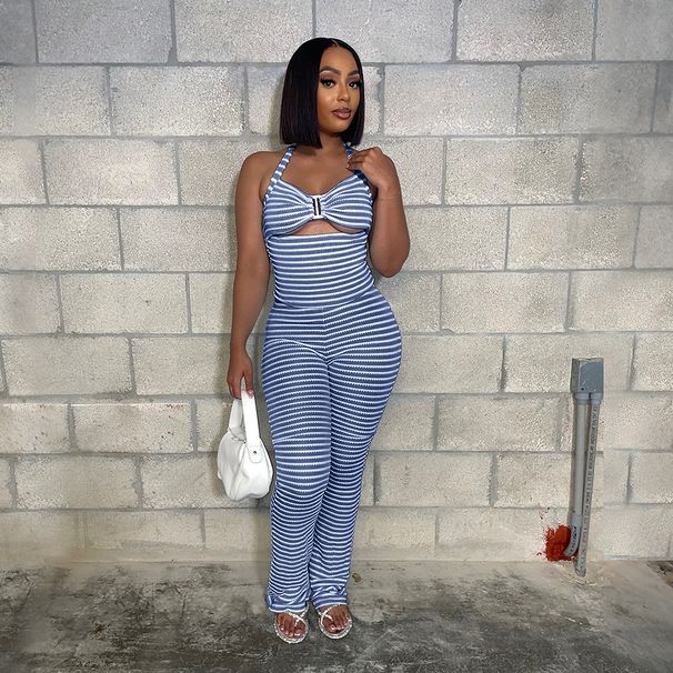 Women's European American Style Lace-Up Cropped Top Slim Fit Pencil Pants Two-Piece Set Jacquard Stripe Pattern_ecoleips.com