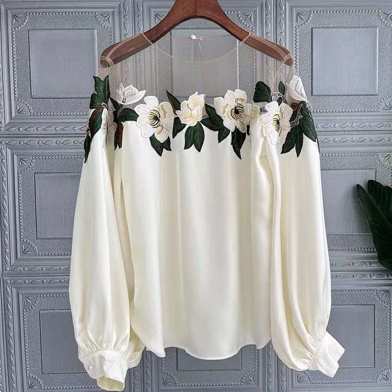 Design Niche Lace Splicing Embroidered Collar Shirt Women's 2024 Autumn New Fashion Long-sleeved Temperament Drape Shirt_ecoleips.com