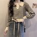 Color Contrast Striped Polo Collar Long Sleeve T-shirt Women's Large Size Spring And Autumn Knit Base Shirt Thin Short Top Winter_ecoleips.com