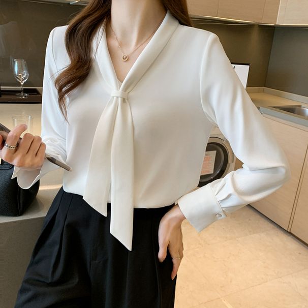 Elegant V-Neck Chiffon Blouse | Flowy Long Sleeve Shirt For Women (Solid Colors, Lightweight & Breathable)_ecoleips.com