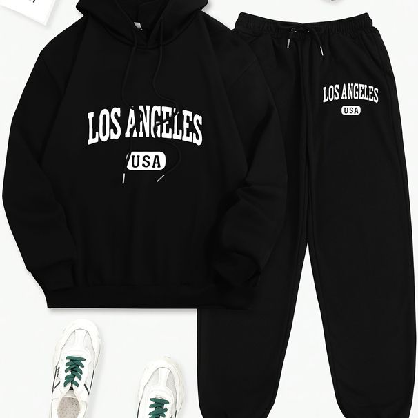 Women's Autumn And Winter Casual Fashion Los Angeles USA Letter Printed Thick Fleece Warm Hooded Sweatshirt+sports Pants Set-734_ecoleips.com